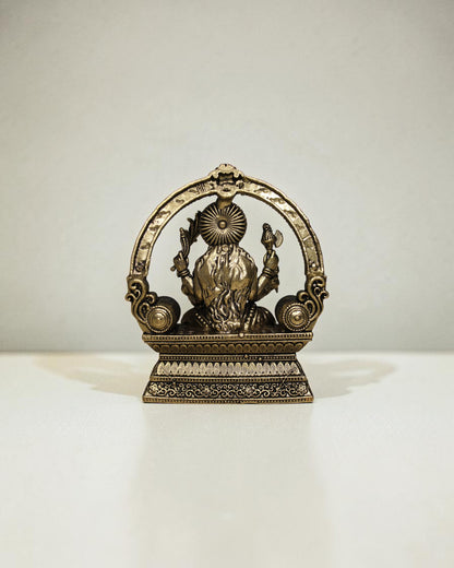 Rigvedaa™ Brass Lalitha Tripura Sundari Devi idol, 4-inch, golden patina, intricate traditional relief work, for puja room and home temple.