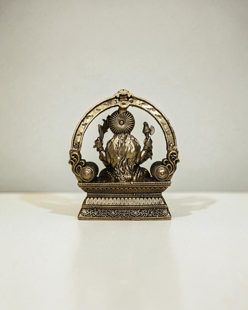 Rigvedaa™ Brass Lalitha Tripura Sundari Devi idol, 4-inch, golden patina, intricate traditional relief work, for puja room and home temple.