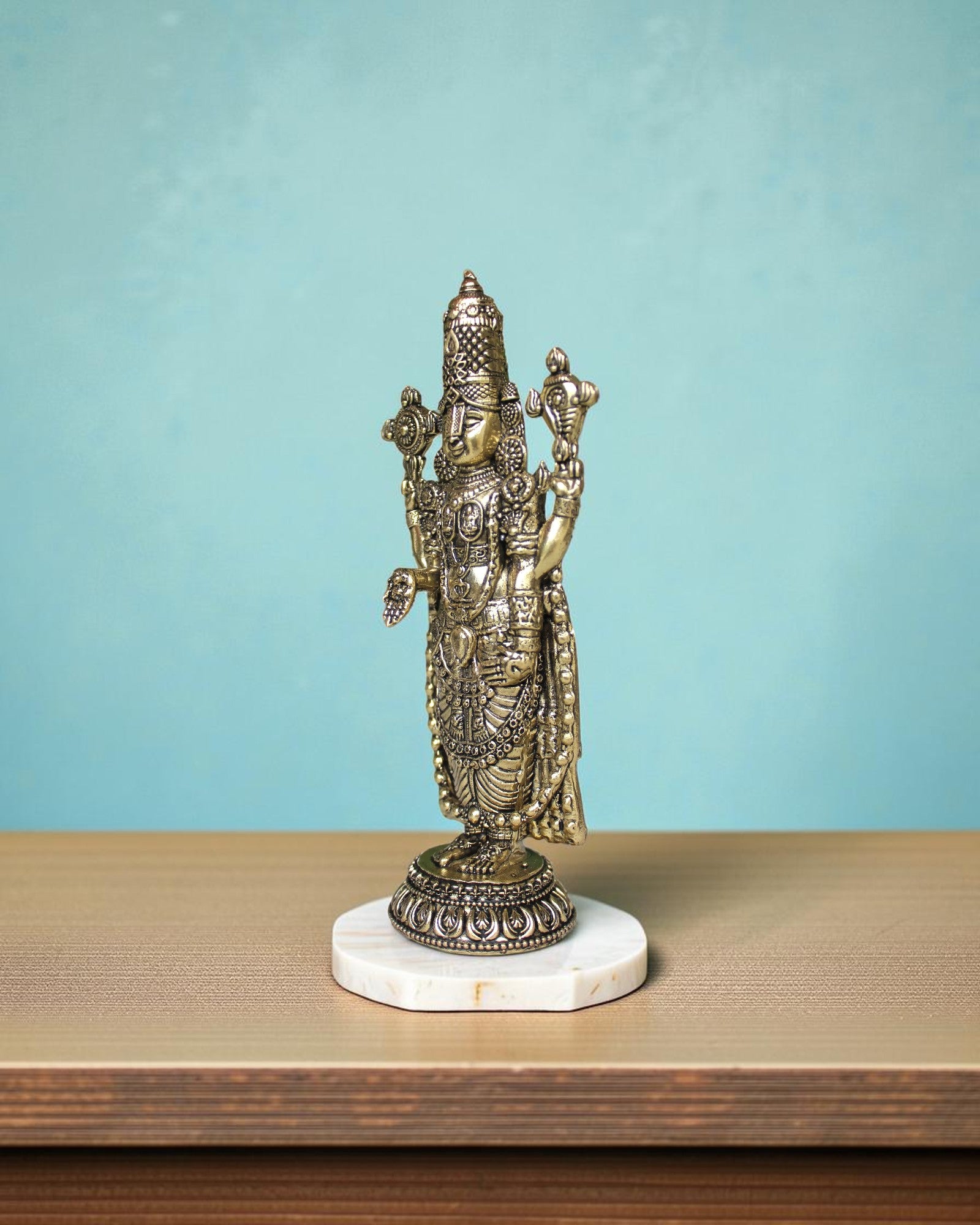 Rigvedaa™ Brass Lord Venkateshwara Tirupati Balaji standing idol, 6.5 inches, detailed with sacred crowns and jewelry.
