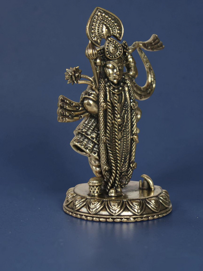Rigvedaa™ decorative brass Lord Vishnu idol with antique gold finish, intricate jewelry, and floral base detail.
