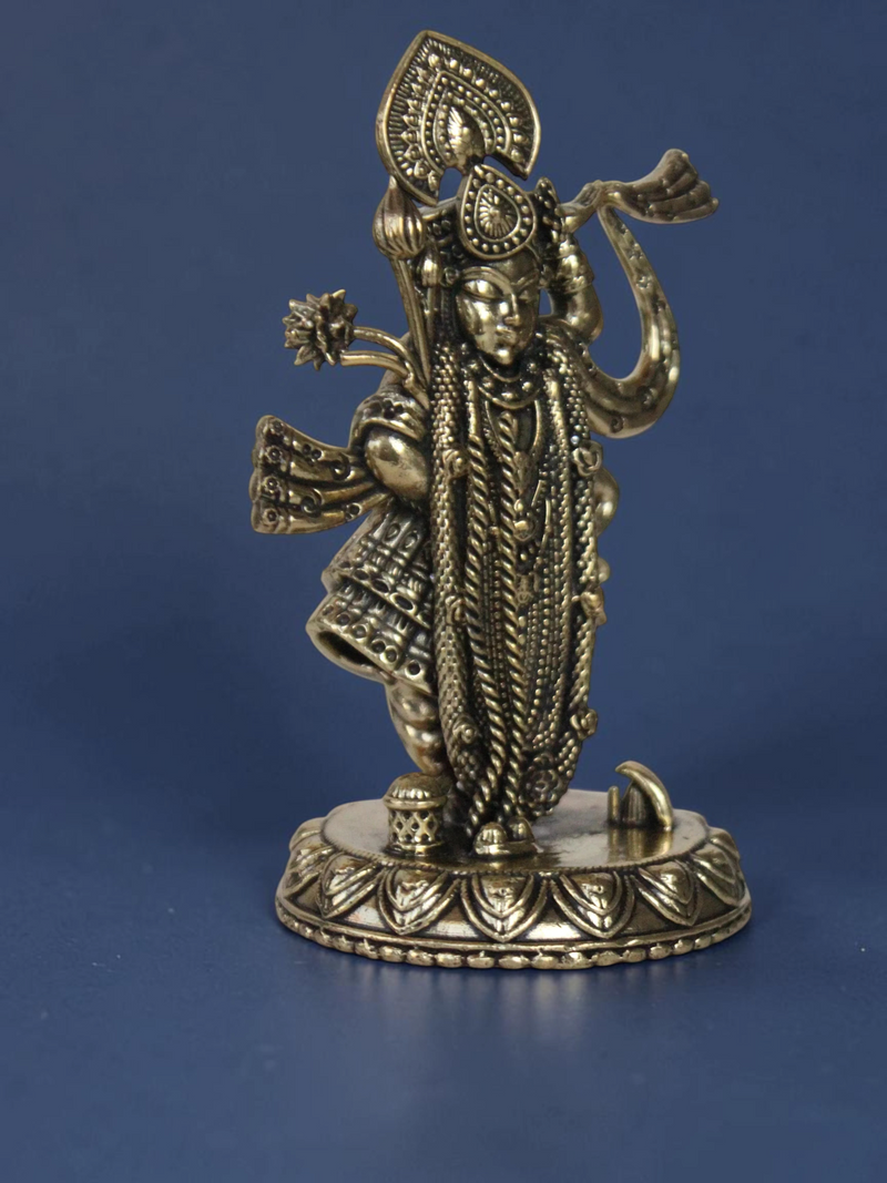 Rigvedaa™ decorative brass Lord Vishnu idol with antique gold finish, intricate jewelry, and floral base detail.