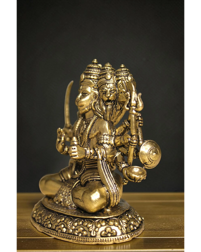 Rigvedaa™ brass Panchmukhi Balaji idol, a five-faced Hanuman statue in a sitting posture with intricate details and golden finish.