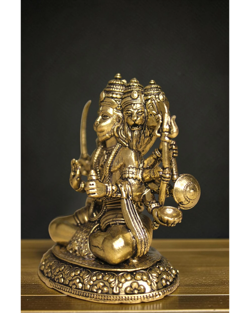 Rigvedaa™ brass Panchmukhi Balaji idol, a five-faced Hanuman statue in a sitting posture with intricate details and golden finish.
