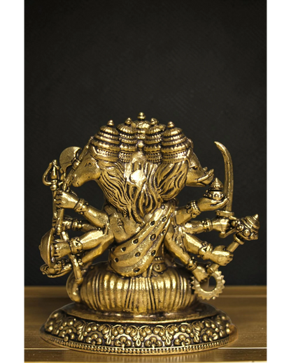Rigvedaa™ Brass Panchmukhi Balaji idol, five-faced Hanuman statue in sitting posture with intricate details and golden finish.