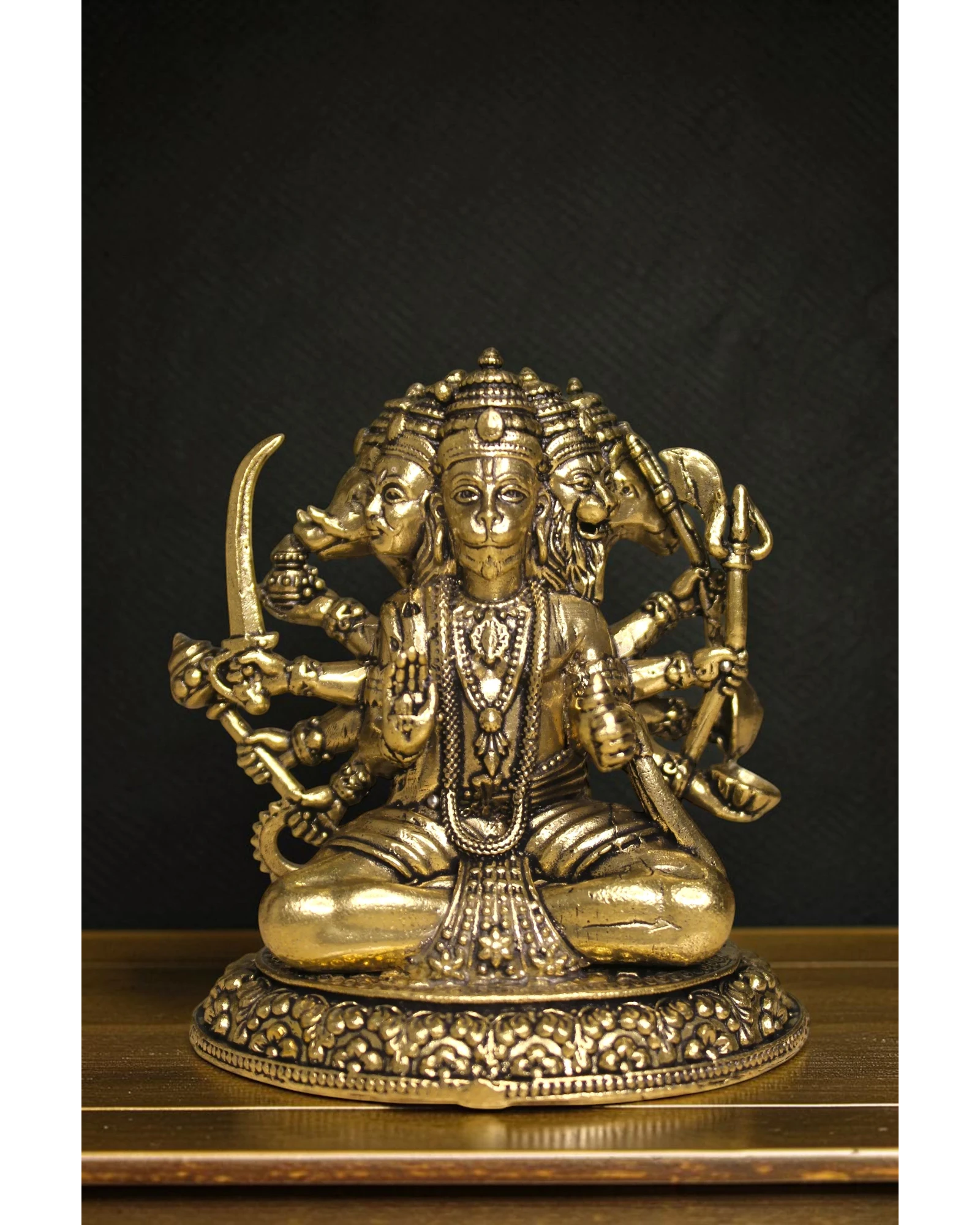 Rigvedaa™ brass Panchmukhi Balaji idol, sitting posture, five faces, holding sword and trident, for home mandir and protection.