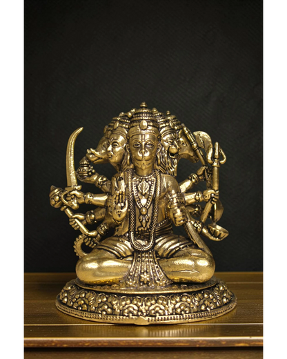 Rigvedaa™ brass Panchmukhi Balaji idol, sitting posture, five faces, holding sword and trident, for home mandir and protection.