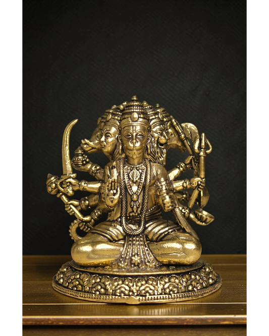 Rigvedaa™ brass Panchmukhi Balaji idol, sitting posture, five faces, holding sword and trident, for home mandir and protection.