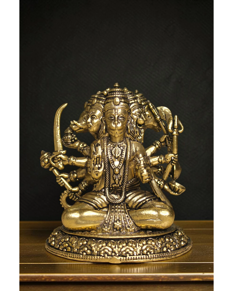 Rigvedaa™ brass Panchmukhi Balaji idol, sitting posture, five faces, holding sword and trident, for home mandir and protection.
