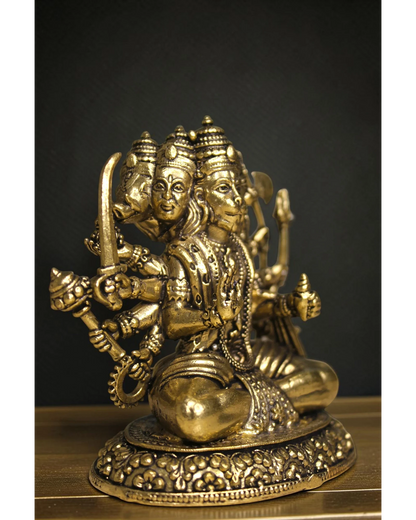 Rigvedaa™ brass Panchmukhi Balaji idol, a five-faced Hanuman statue in a sitting posture, holding various weapons. Intricate details and golden finish.