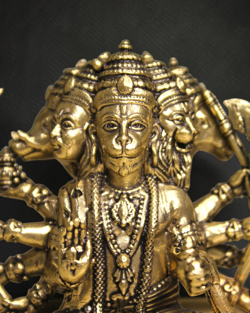 Rigvedaa brass Panchmukhi Balaji idol, a five-faced Hanuman statue in a sitting posture, adorned with multiple arms and intricate details.