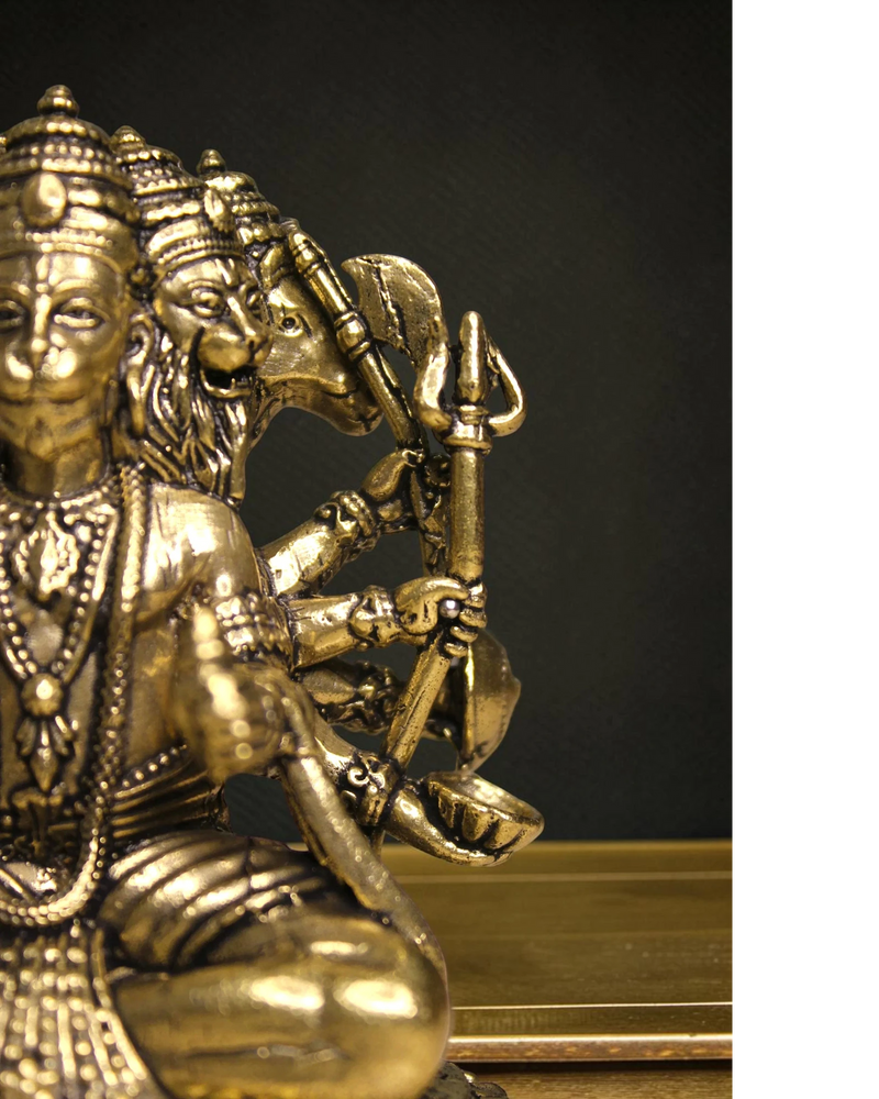 Rigvedaa™ Brass Panchmukhi Balaji idol, five-faced Hanuman statue in sitting pose, holding weapons, for home mandir and protection.