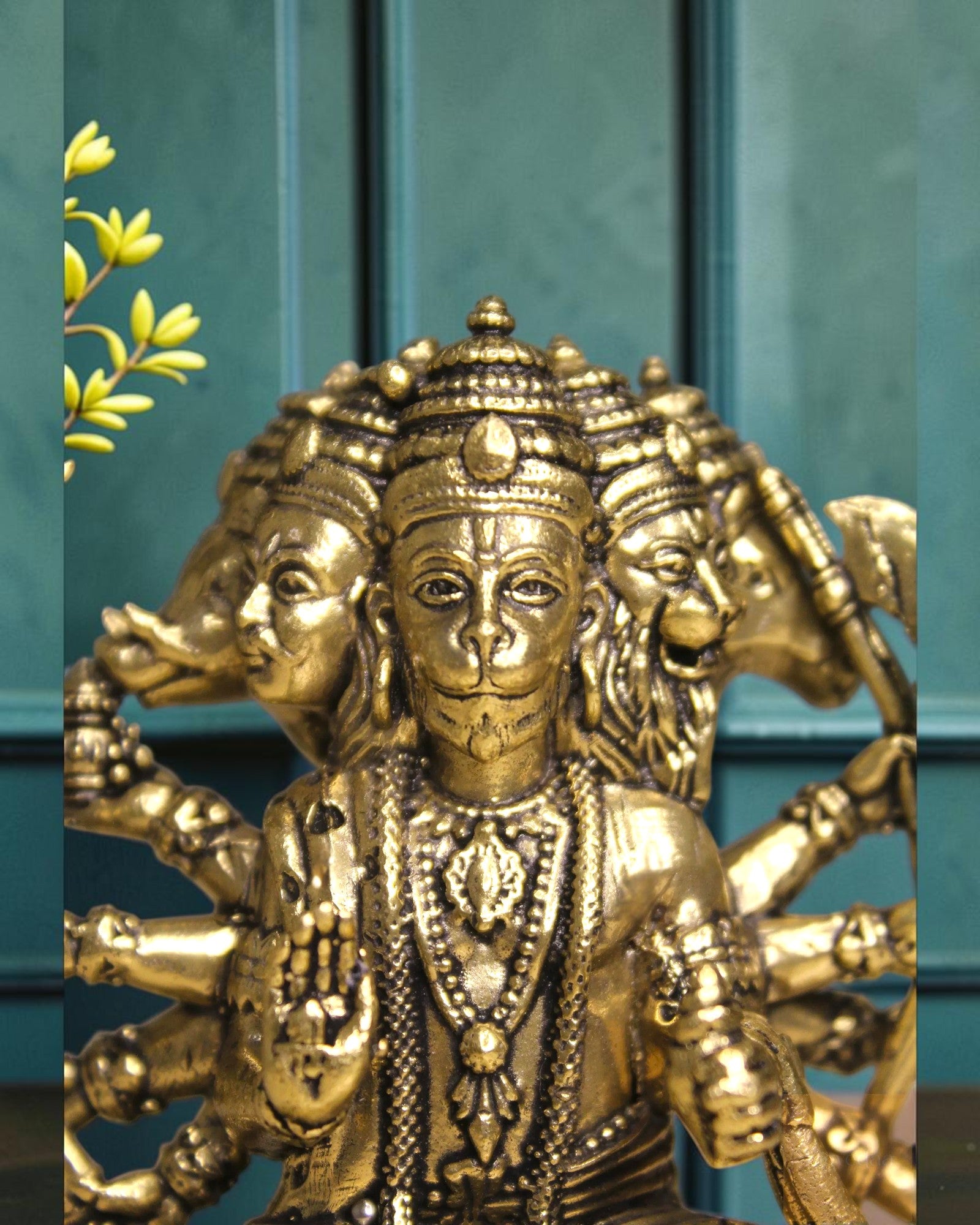 Rigvedaa™ Brass Sitting Panchmukhi Hanuman Statue with five faces, intricate details, and golden finish. For home mandir.