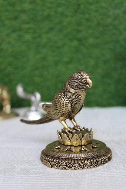 Rigvedaa™ 3-inch brass parrot figurine intricately carved with detailed feathers, perched on a lotus base. Polished brass finish.