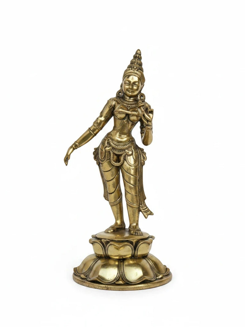 Rigvedaa™ brass Goddess Parvati idol standing on a lotus base with intricate jewelry and a polished golden finish.