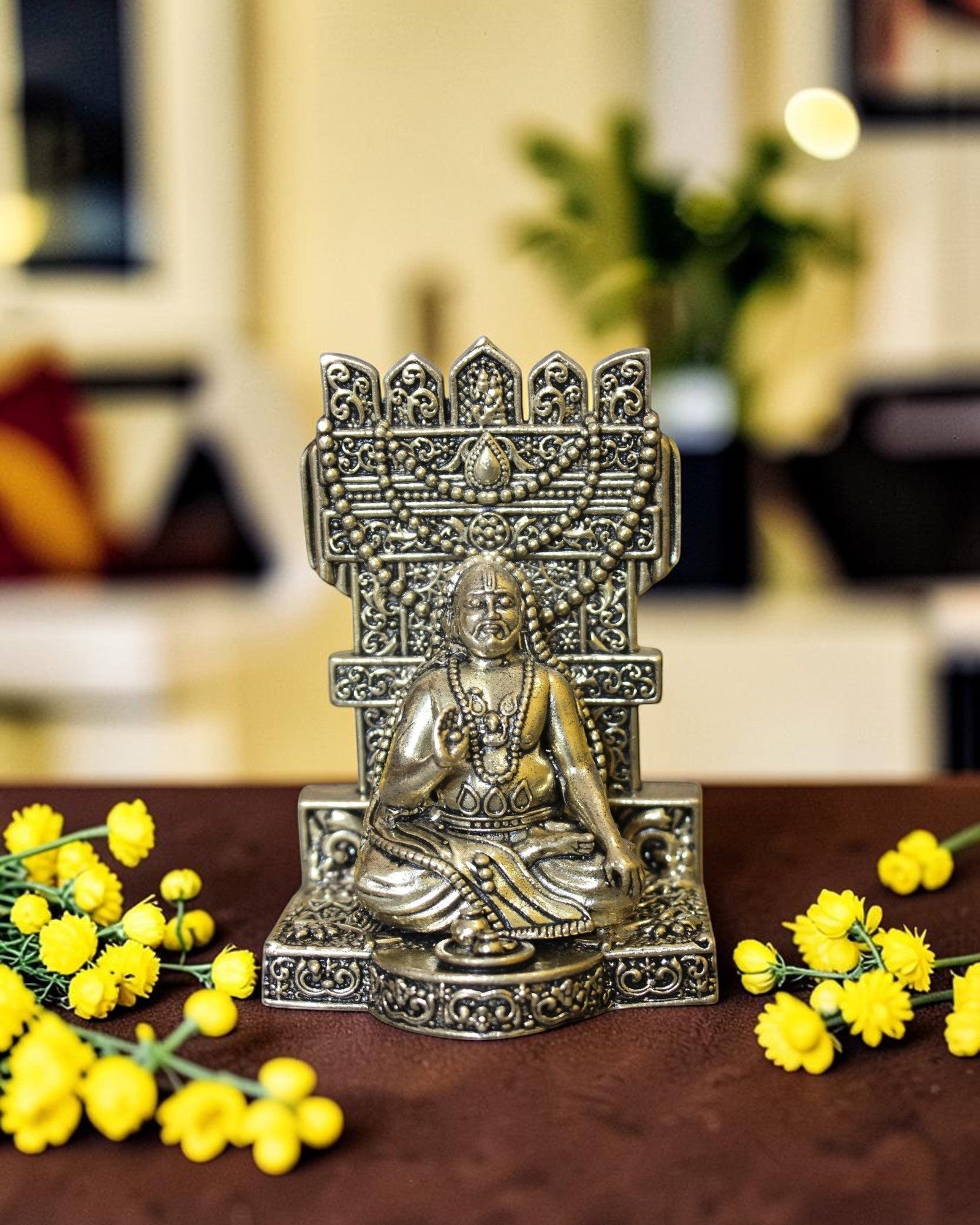 Rigvedaa™ brass idol of Raghavendra Swamy in seated posture, intricate detailing, traditional attire, for home temple and puja.