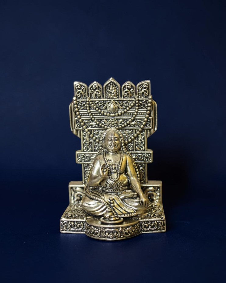 Rigvedaa™ handcrafted brass Raghavendra Swamy idol in a seated posture with intricate detailing for home puja.
