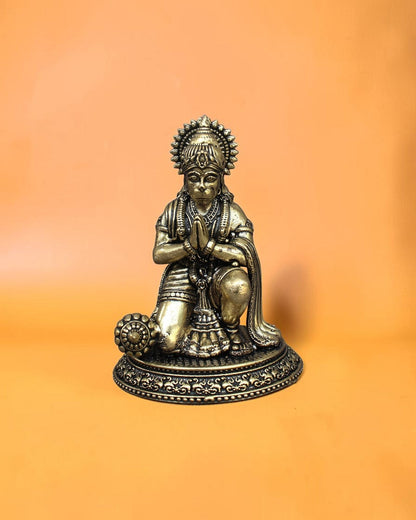 Rigvedaa™ Brass Ram Darbar statue set featuring Lord Hanuman kneeling in prayer. Detailed golden patina.