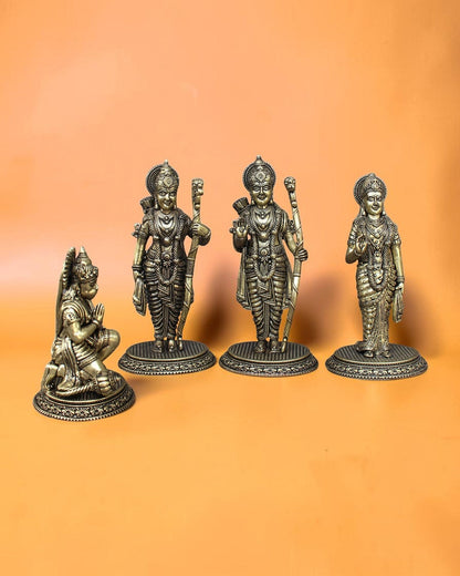 Rigvedaa™ Brass Ram Darbar statue set featuring Lord Rama, Sita, Lakshmana, and Hanuman in traditional attire with intricate details and golden patina.
