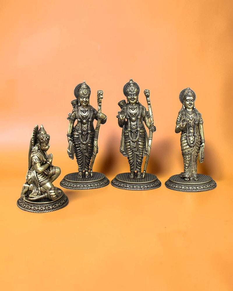Rigvedaa™ Brass Ram Darbar statue set featuring Lord Rama, Sita, Lakshmana, and Hanuman in traditional attire with intricate details and golden patina.