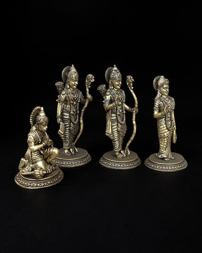 Rigvedaa™ brass Ram Darbar statue set featuring Rama, Sita, Lakshmana, and Hanuman with intricate golden detailing.