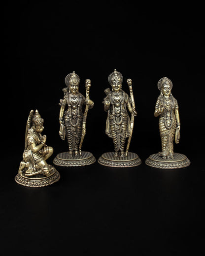 Rigvedaa™ brass Ram Darbar statue set featuring Lord Rama, Sita, Lakshmana, and Hanuman with intricate golden detailing.