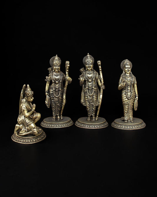 Rigvedaa™ brass Ram Darbar statue set featuring Lord Rama, Sita, Lakshmana, and Hanuman with intricate golden detailing.