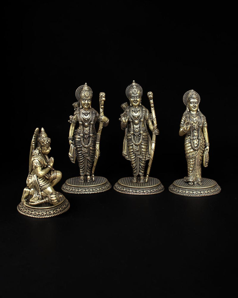Rigvedaa™ brass Ram Darbar statue set featuring Lord Rama, Sita, Lakshmana, and Hanuman with intricate golden detailing.