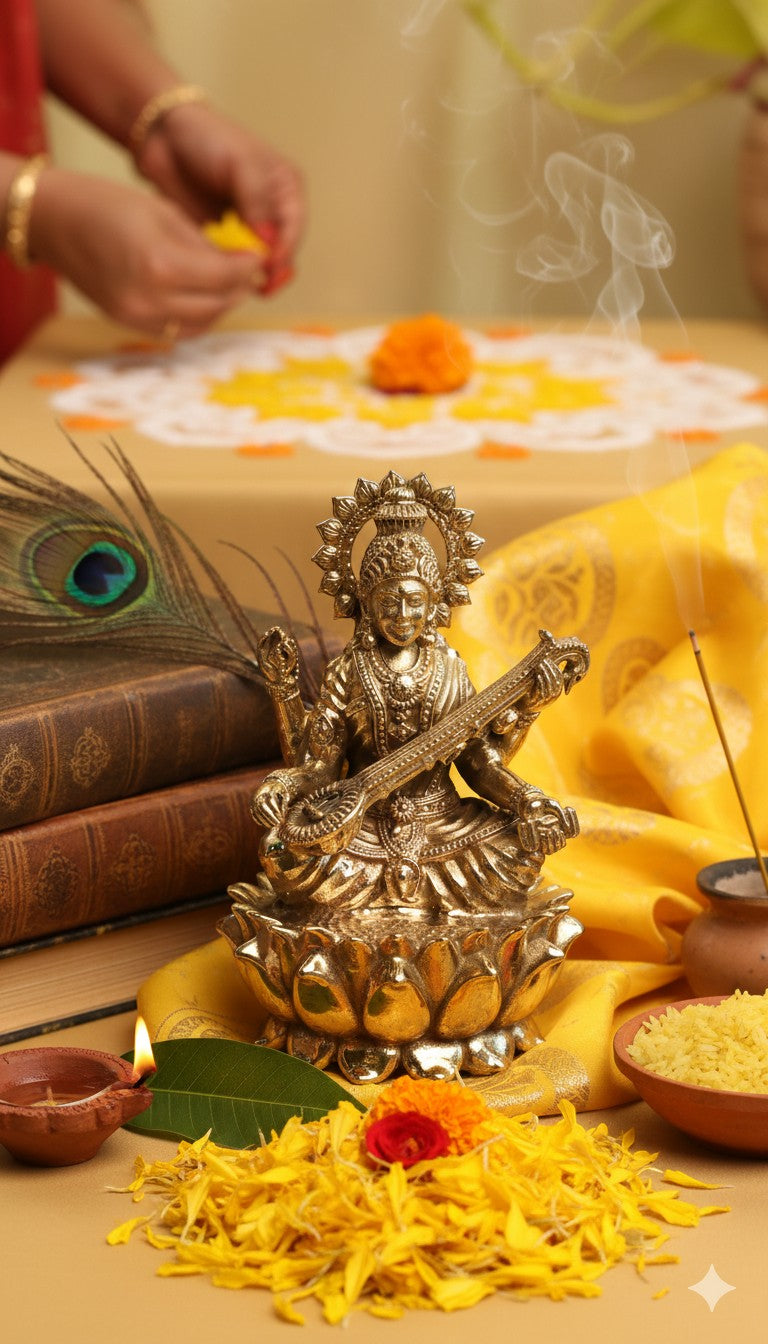 Rigvedaa™ brass Saraswati idol seated on lotus, holding veena and scriptures. Detailed, golden finish, perfect for study or pooja rooms.