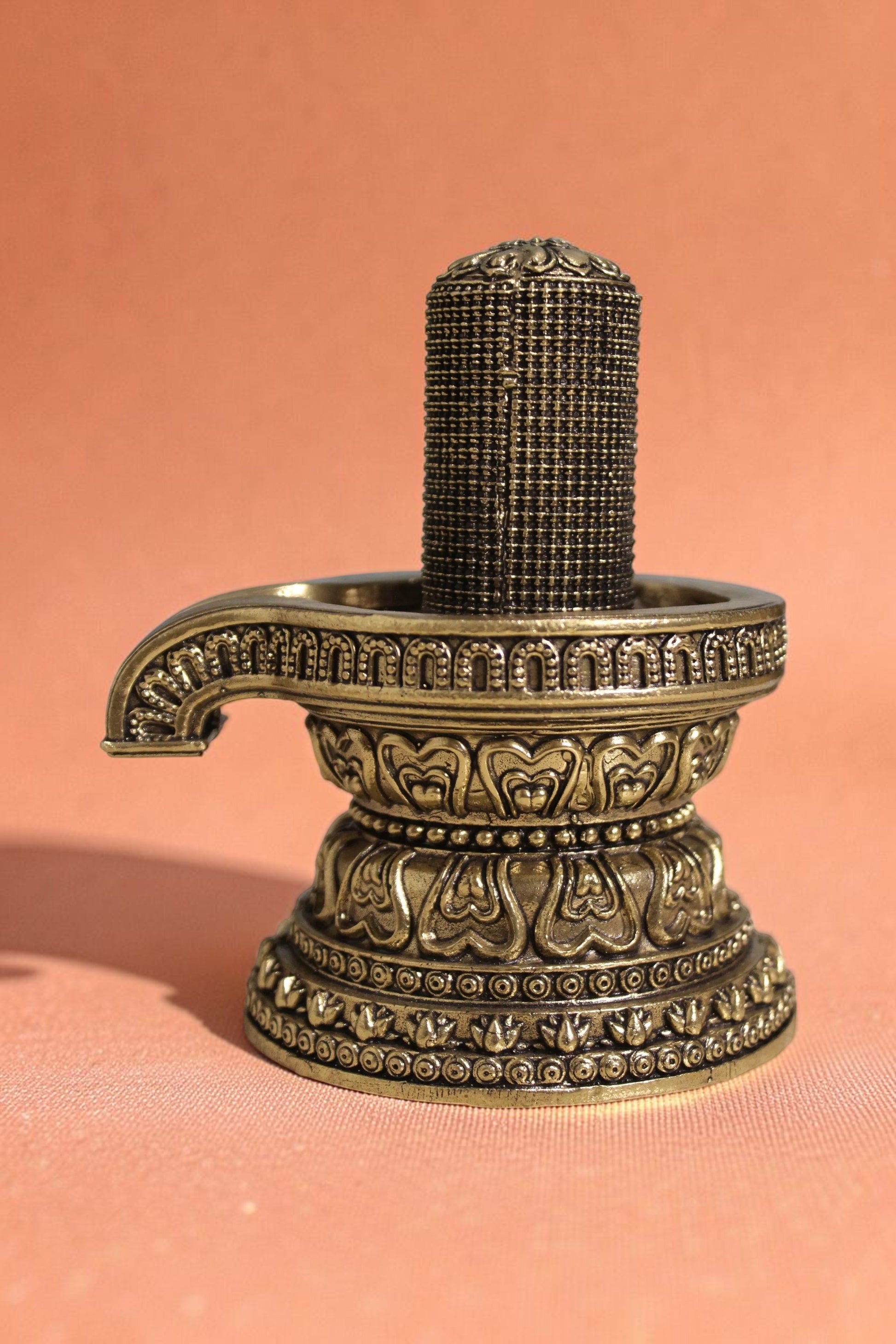 Rigvedaa brass 1008 lingam shivling murti with intricate carvings on ornate base, golden finish, 4.50 inches.