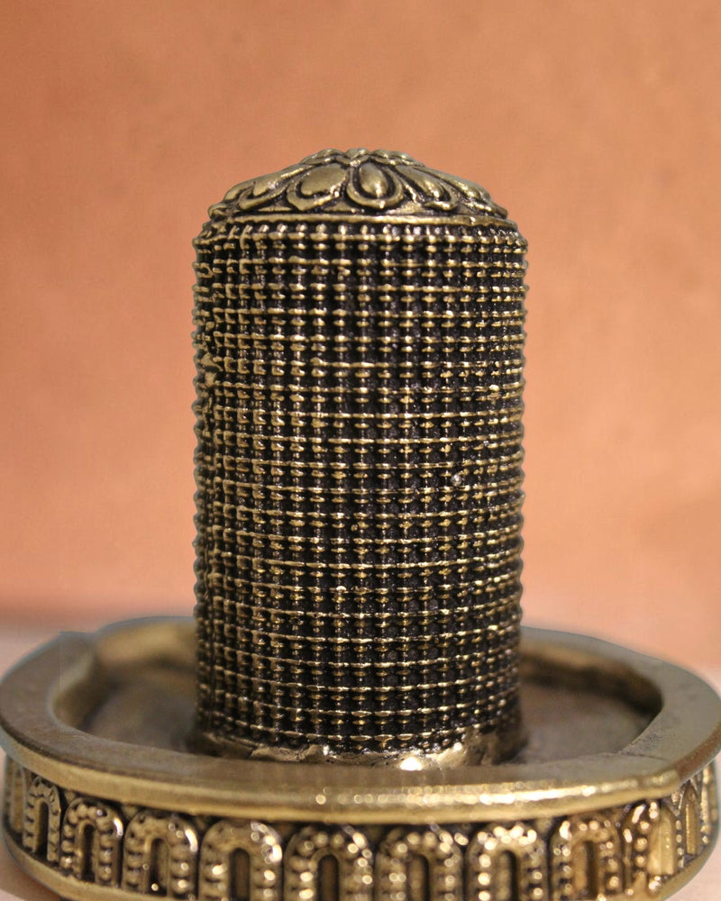 Rigvedaa brass 1008 lingam shivling murti with intricate carvings and ornate base, 4.50 inches.