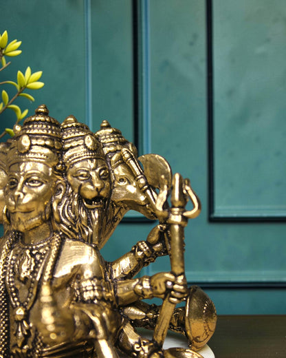 Rigvedaa™ Brass Sitting Panchmukhi Hanuman Statue with five faces and holding weapons, golden finish.