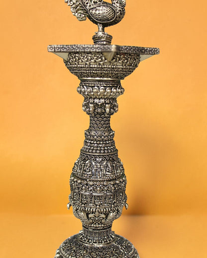Rigvedaa brass Annam Pakshi Samai Diya stand, 12 inches, antique gold finish, traditional Indian Pooja decor