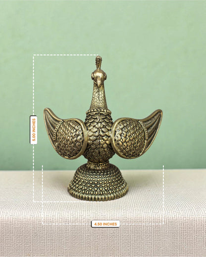 Rigvedaa™ handcrafted brass swan statue featuring intricate fan-shaped carved wings and a warm golden patina finish.