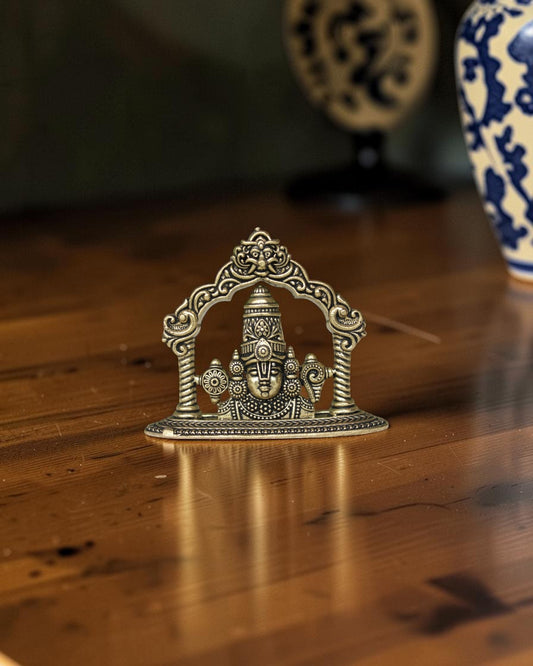 Rigvedaa brass Tirupati Balaji face idol with ornate crown and detailed ornaments, 2.00 inch.