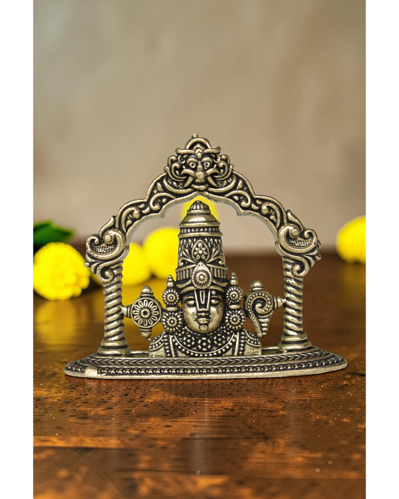 Rigvedaa brass Tirupati Balaji face idol with ornate crown and detailed ornaments, 2.00 inch.