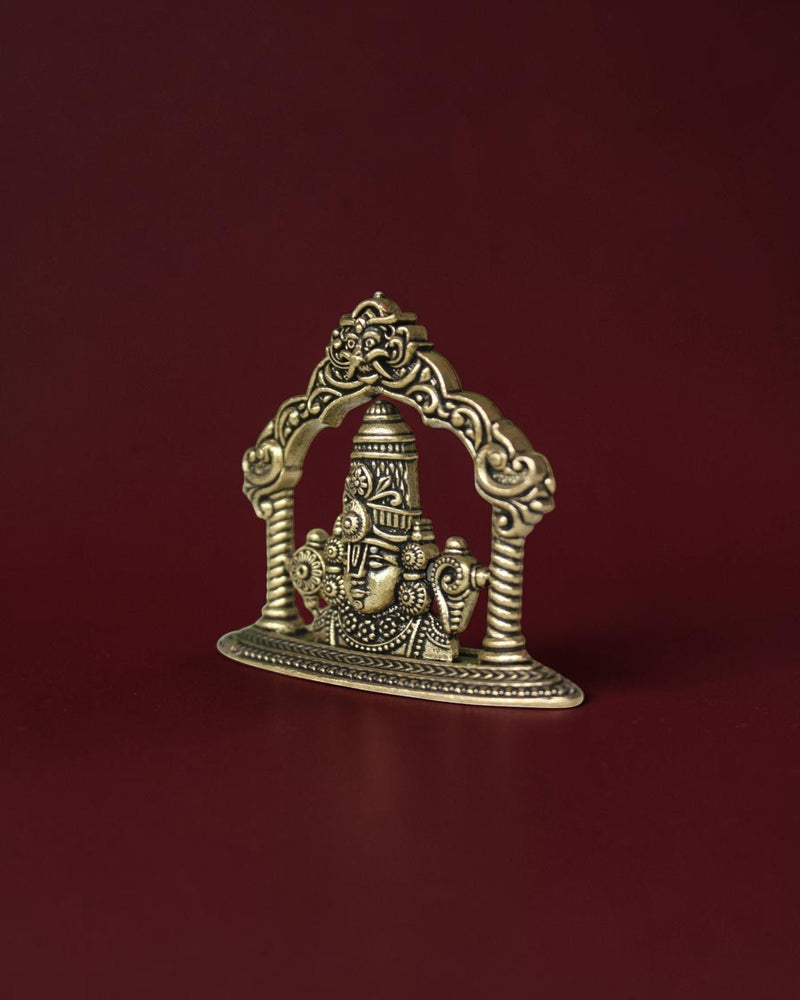 Rigvedaa™ brass Tirupati Balaji face idol with intricate crown detailing for home mandir or car dashboard