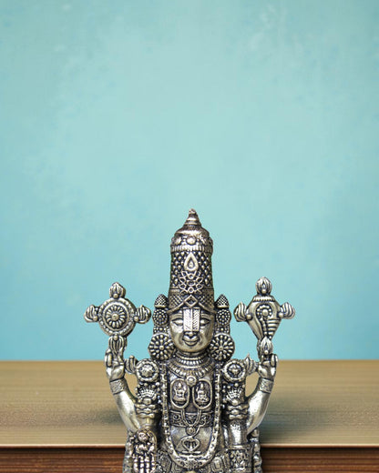 Rigvedaa	rade brass Lord Venkateshwara Tirupati Balaji idol, 6.5" standing figure with ornate crown and jewelry.