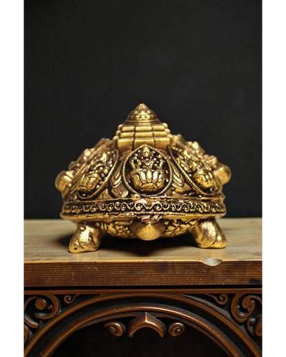 Rigvedaa™ gold brass tortoise with Ashta Lakshmi and Shree Yantra engraving, Vastu Feng Shui prosperity charm.