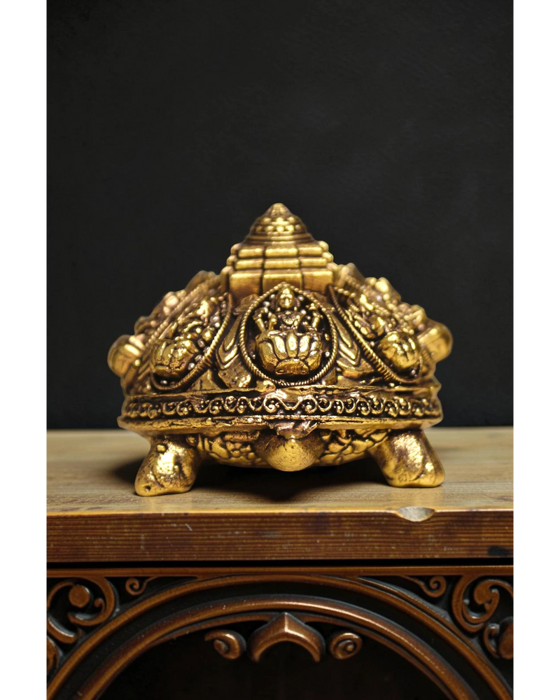 Rigvedaa™ gold brass tortoise with Ashta Lakshmi and Shree Yantra engraving, Vastu Feng Shui prosperity charm.