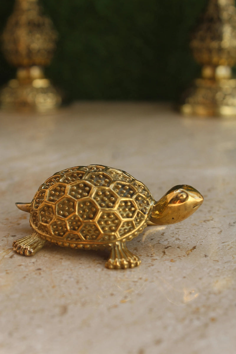 Rigvedaa™ golden brass tortoise figurine with intricate hexagonal pattern on shell, symbolizing wealth and protection.