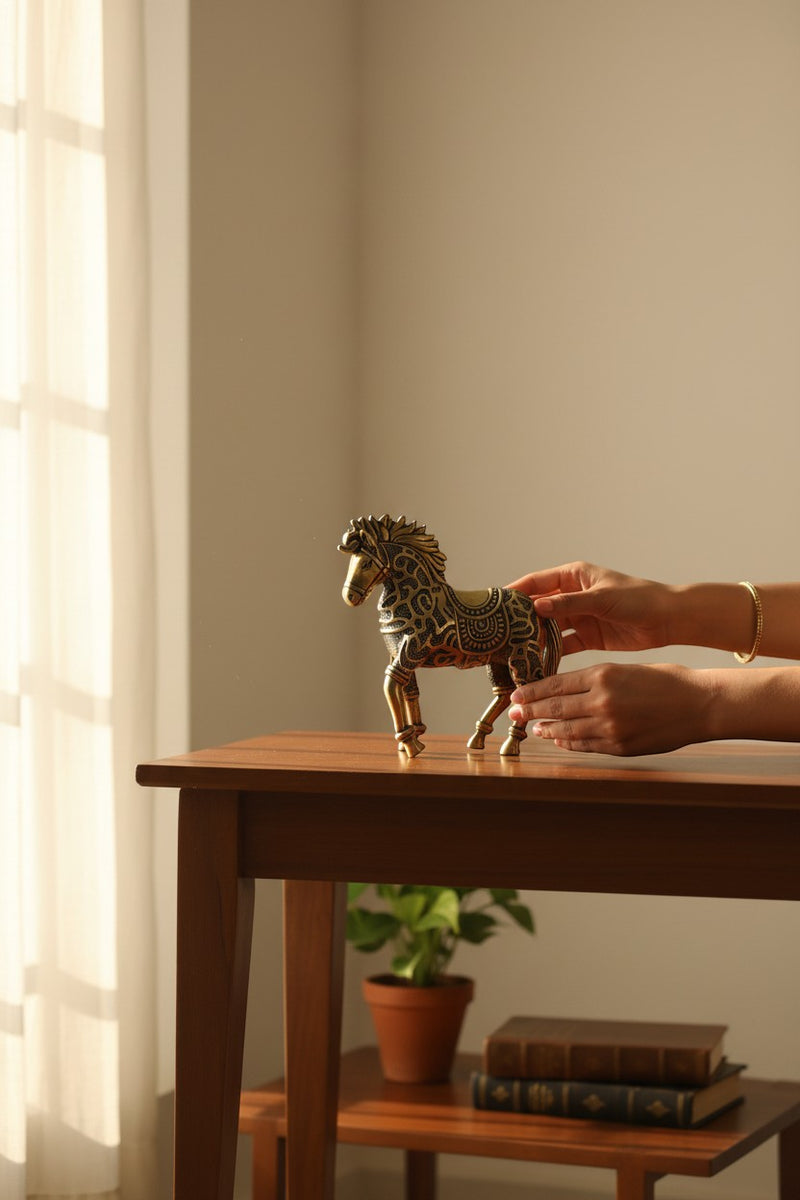 Rigvedaa™ brass Vastu horse sculpture with intricate detailing, symbolizing success and prosperity.