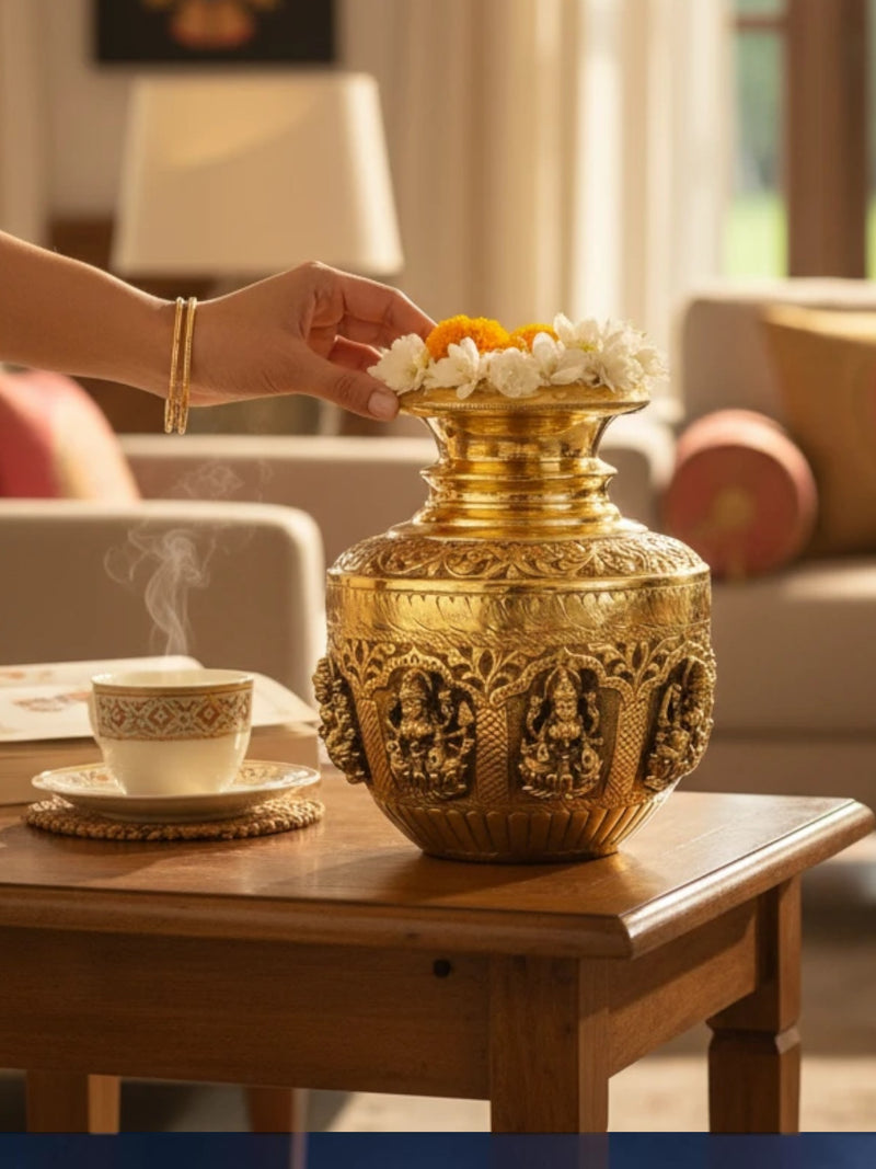 Rigvedaa™ handcrafted brass kalash pot with embossed deity carvings and fresh flowers on a wooden table