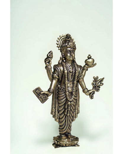 Rigvedaa Lord Dhanvantri brass idol, God of Ayurveda, holding a book and pot. For health and healing.