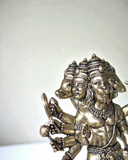 Rigvedaa Panchmukhi Balaji idol in antique brass, a five-faced sculpture with intricate detailing and multiple arms holding symbolic items.