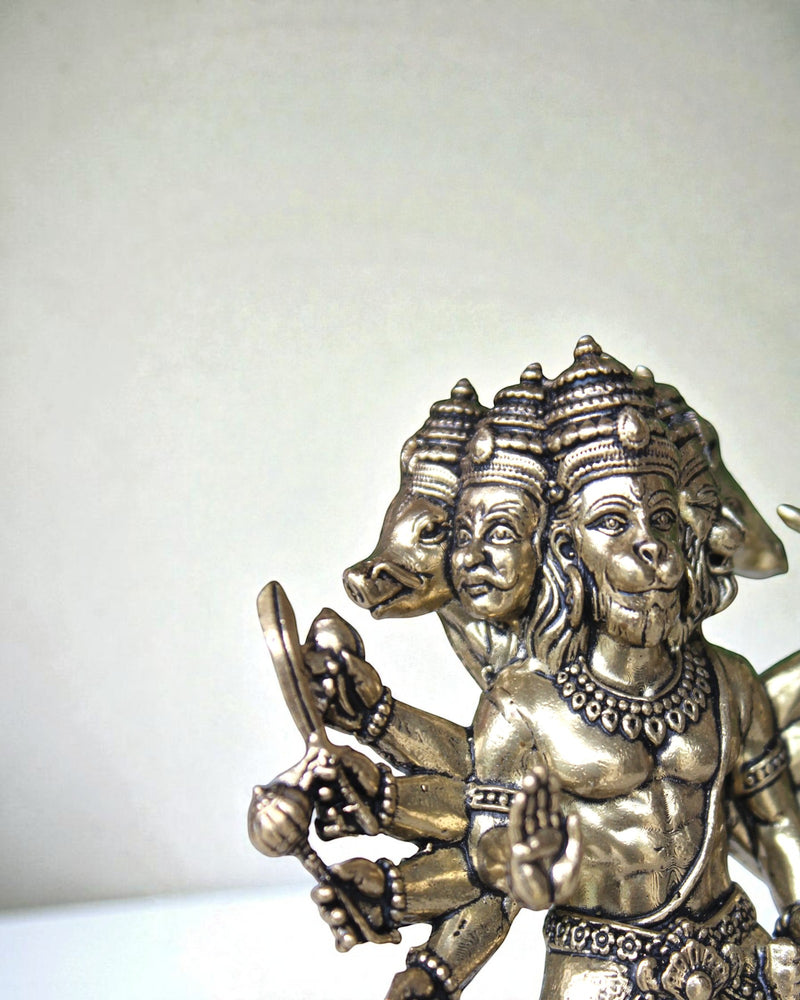 Rigvedaa Panchmukhi Balaji idol in antique brass, a five-faced sculpture with intricate detailing and multiple arms holding symbolic items.