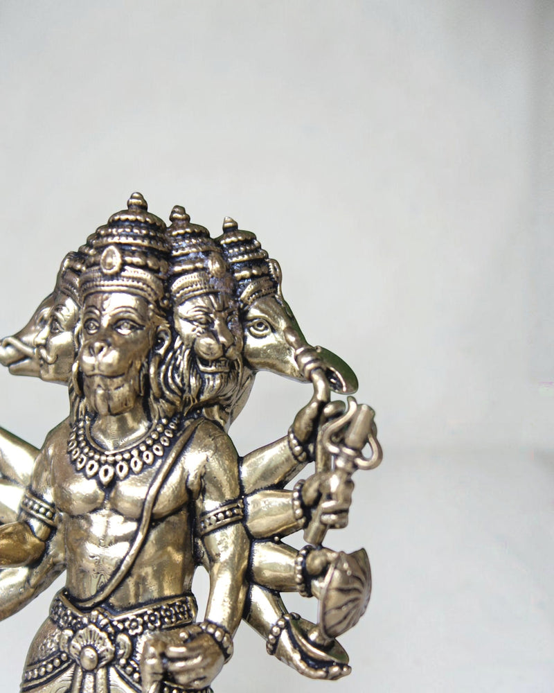 Rigvedaa Panchmukhi Balaji idol in antique brass, featuring five faces and multiple arms holding divine symbols. Intricate detailing on body and ornaments.