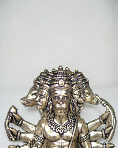 Rigvedaa Panchmukhi Balaji idol, a brass sculpture with five faces and multiple arms, antique finish, intricate detailing.