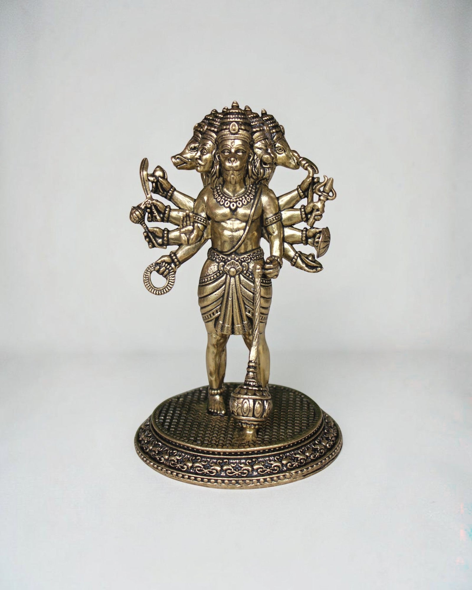 Rigvedaa Standing Panchmukhi Balaji idol in antique brass, five-faced sculpture with multiple arms holding divine weapons, intricate detailing.