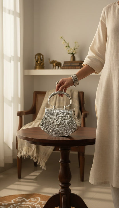 Rigvedaa™ Kanak Silver Clutch: Handcrafted silver-plated brass purse with intricate hand-carved detailing and a polished metallic shine.