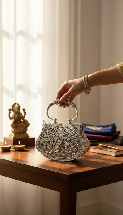 Rigvedaa™ Kanak Silver Clutch: Silver-plated brass purse with intricate hand-carved detailing and a secure clasp. Perfect for festive occasions.